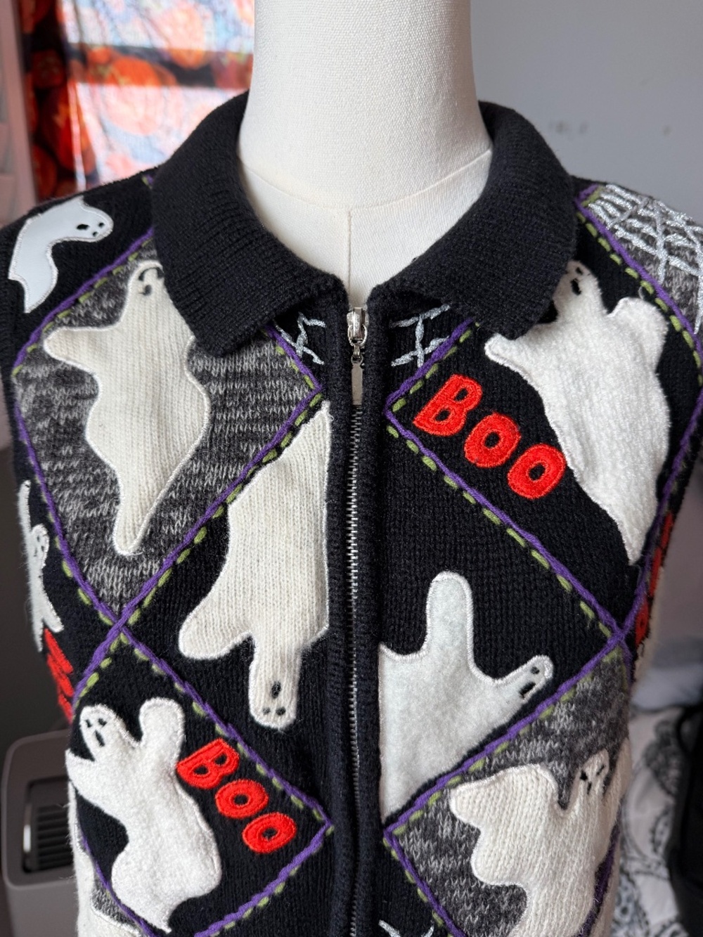 Vintage 90s Halloween Ghost BOO Sweater Vest | Zip Front Novelty Knit